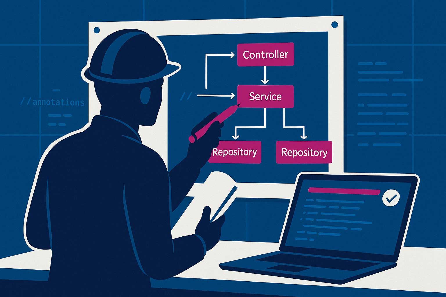 Illustration: Architekt mit Bauhelm zeigt auf ein Schichtendiagramm aus Controller, Service und Repository neben einem Laptop