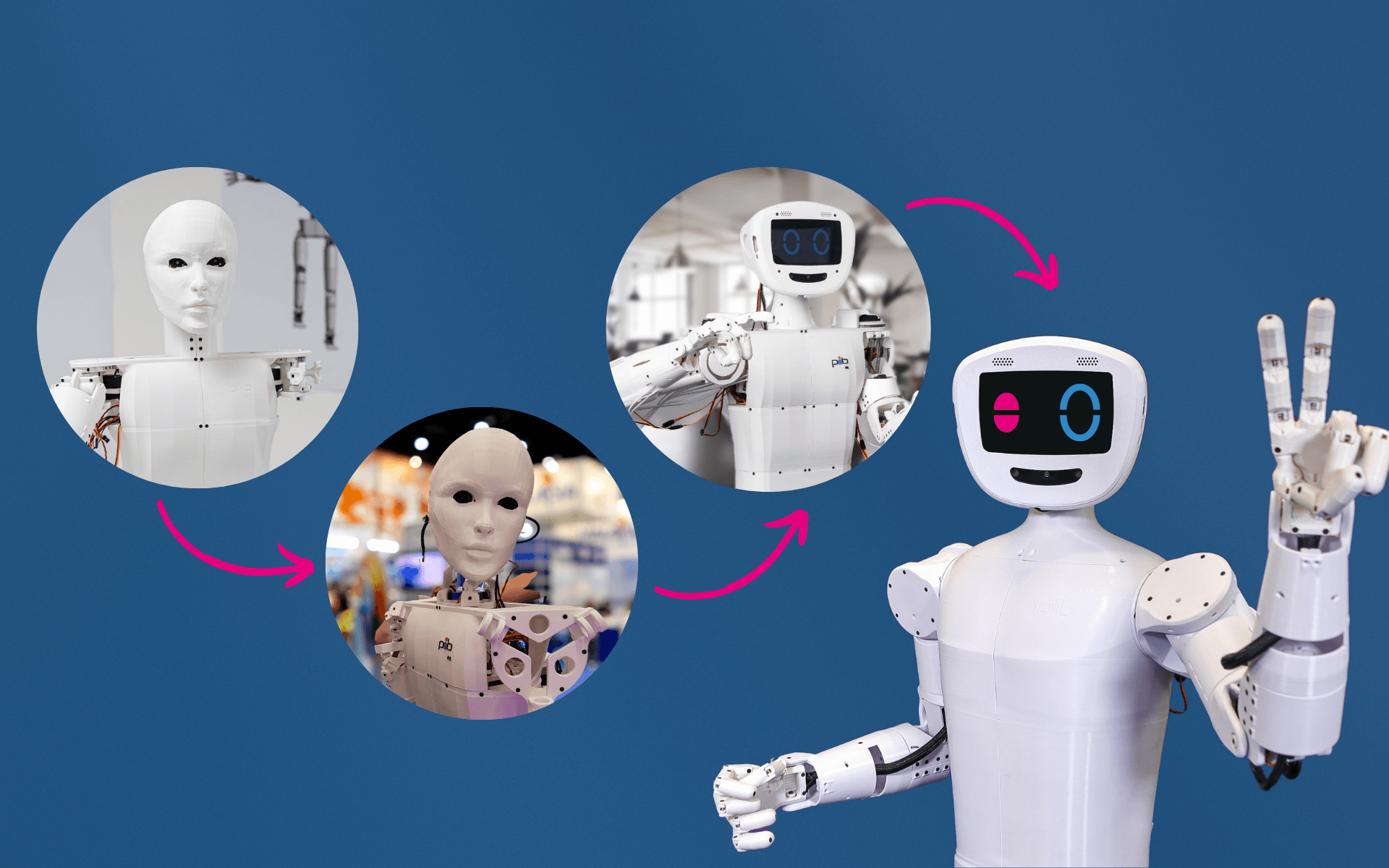 Drei Entwicklungsstufen des Roboters pib von der ersten Version mit Gesicht bis zum aktuellen humanoiden Roboter mit Display-Gesicht