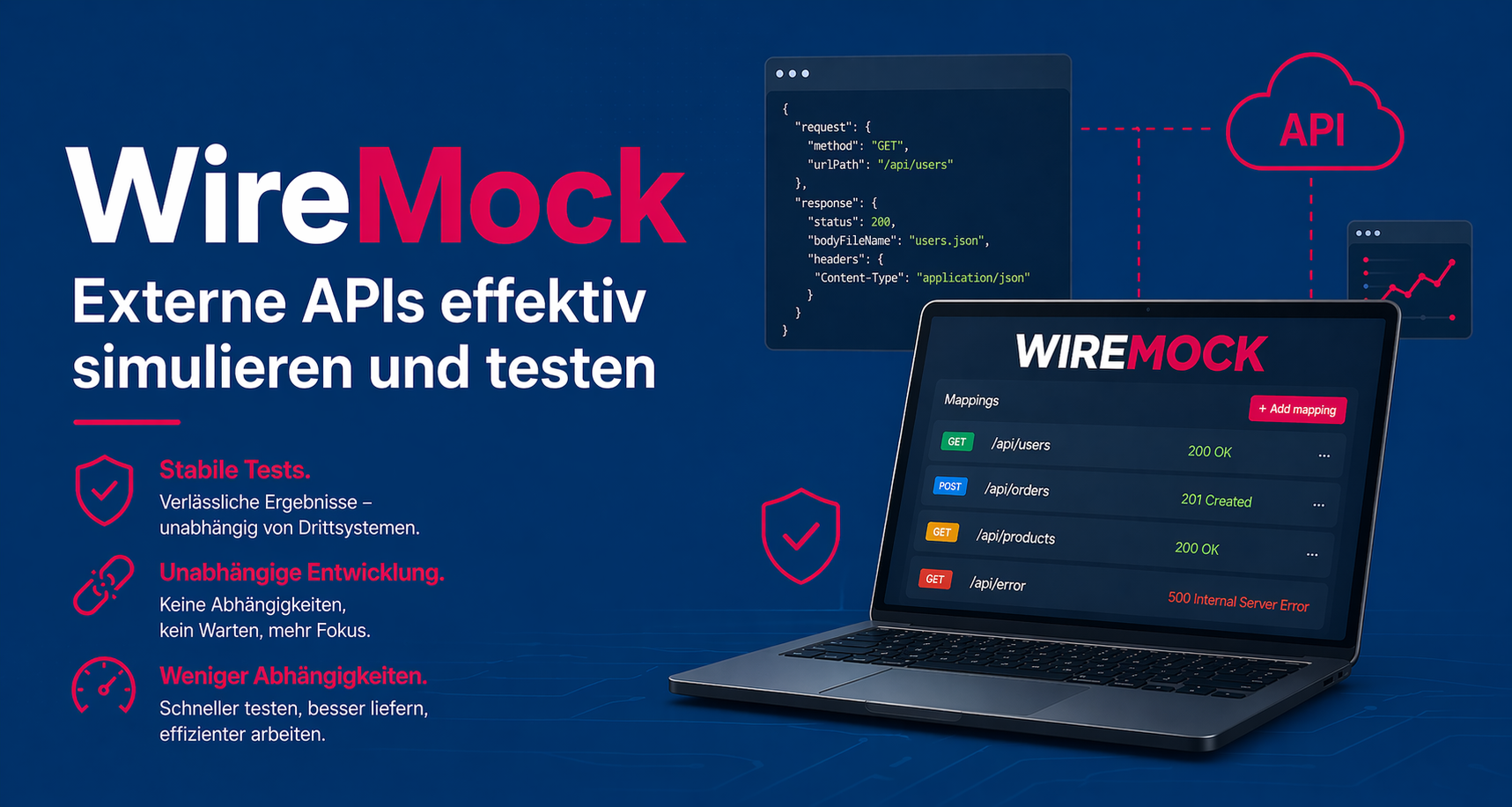 Titelbild: WireMock – Externe APIs effektiv simulieren und testen, mit Laptop, JSON-Stub-Beispiel und API-Cloud auf blauem Hintergrund