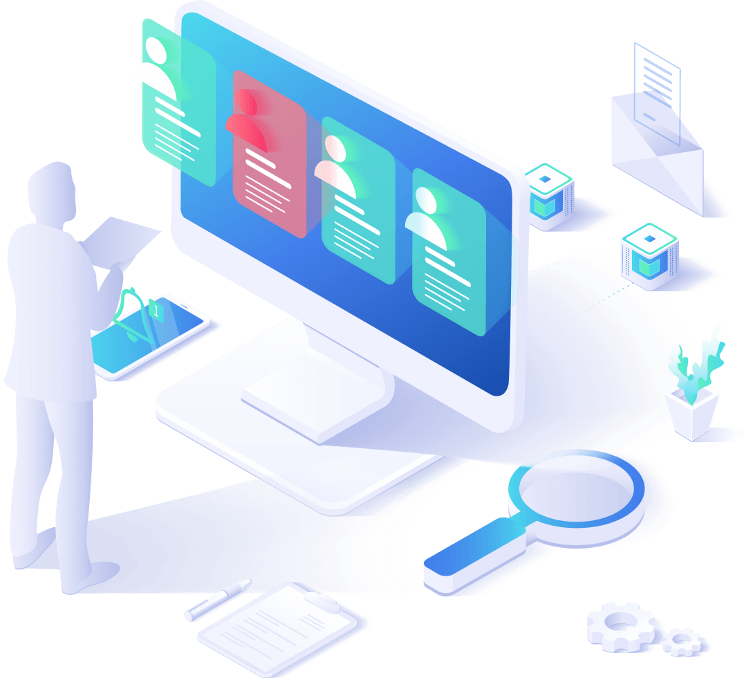 Illustration der KI-Plattform TRYB mit Monitor und digitalen Werkzeugen
